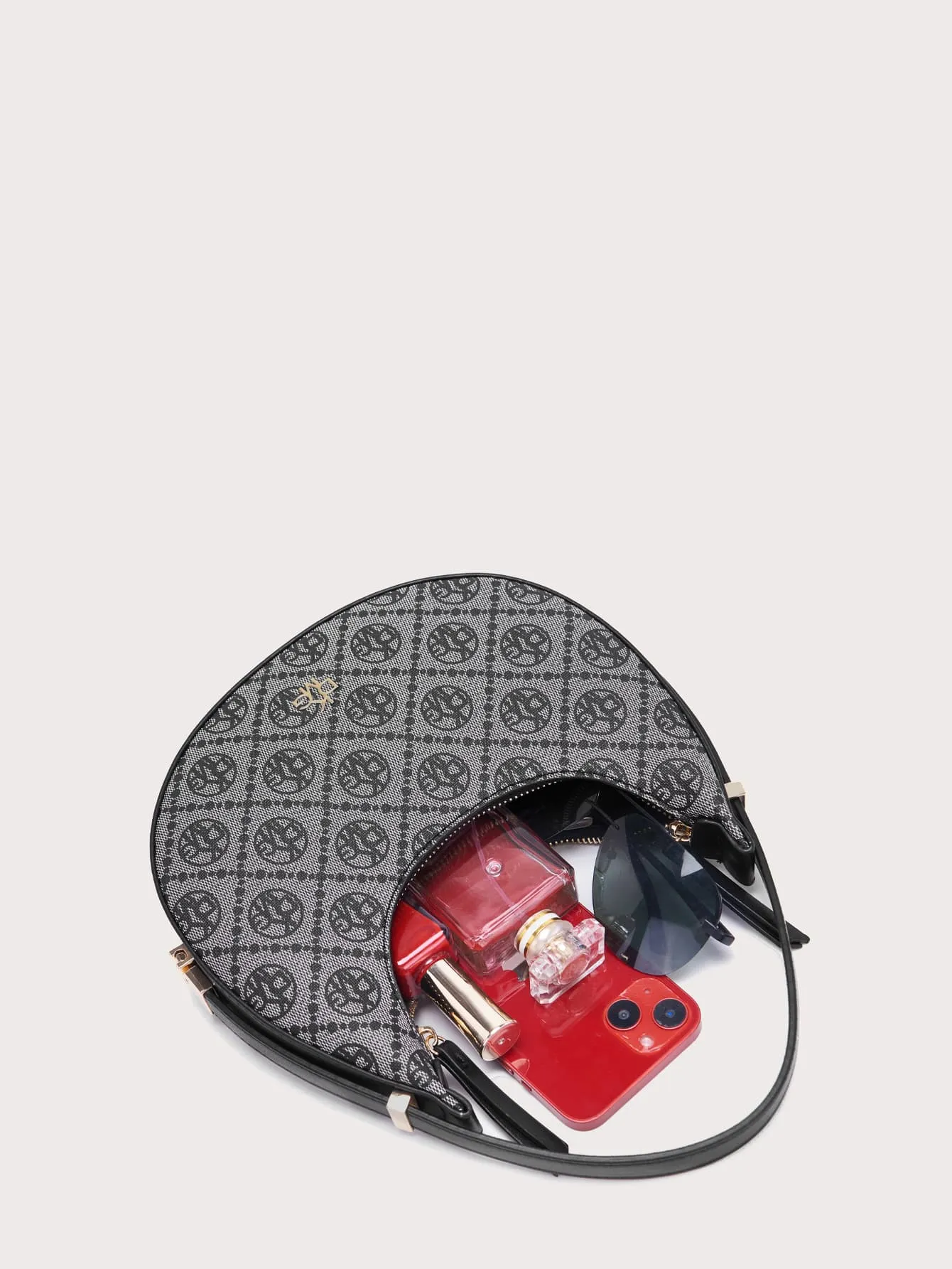 Geometric Pattern Pu Shoulder Bag - Black