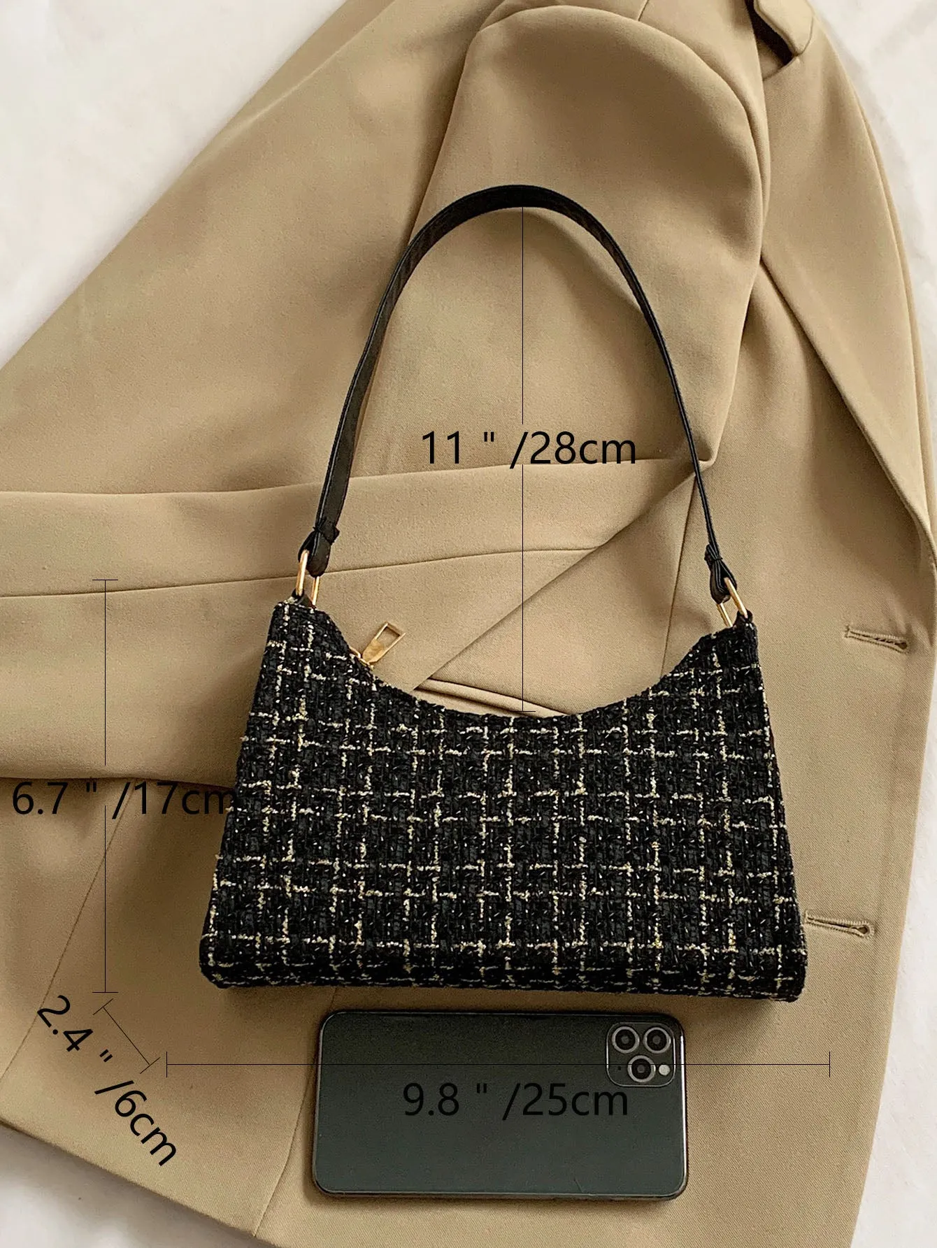Plaid Pattern Baguette Bag - Black