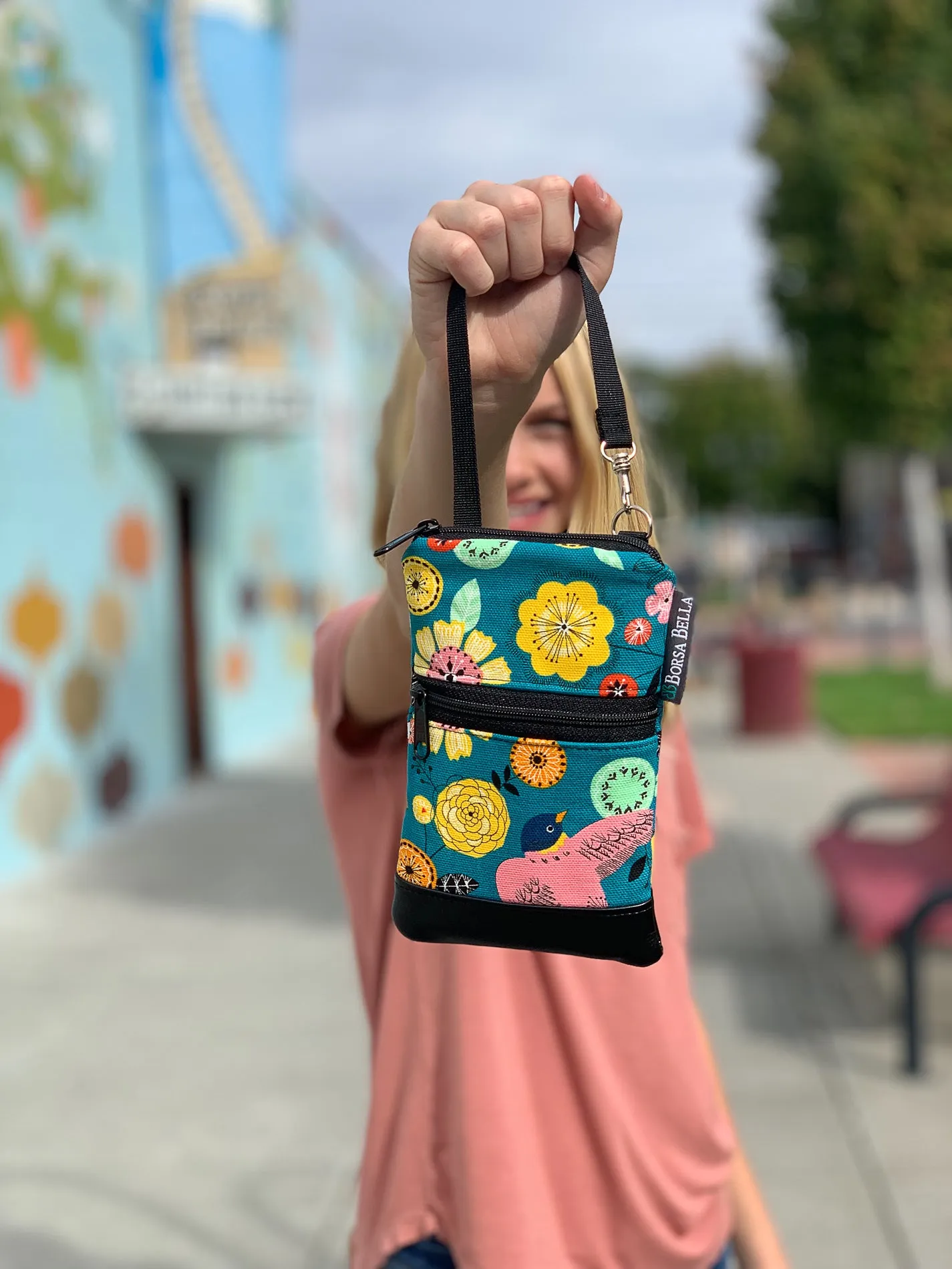 Short Zip Phone Bag - Wristlet Converts to Cross Body Purse - Black Wild Bush Flowers Fabric